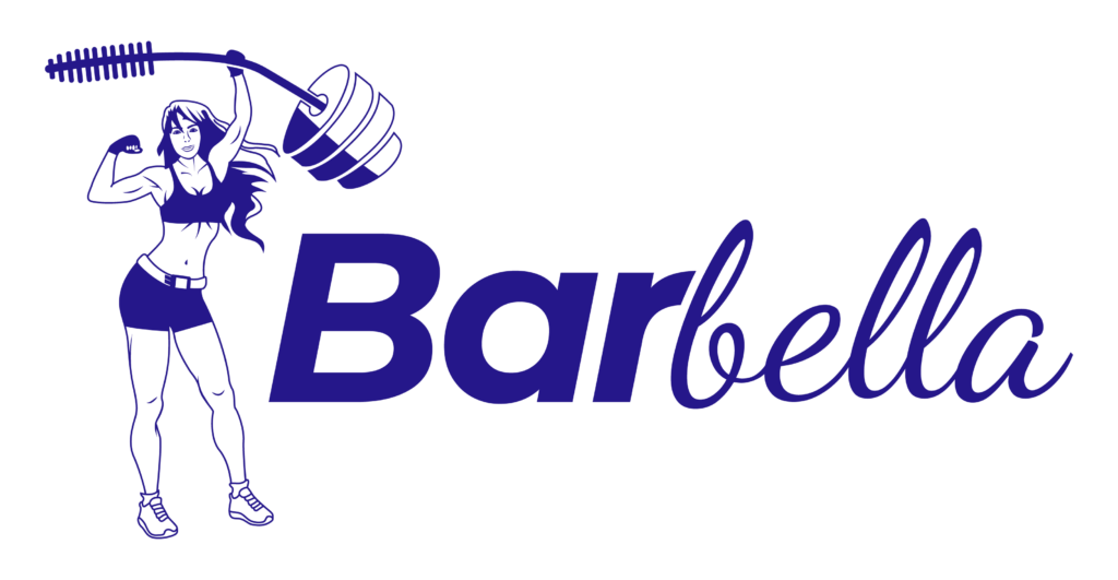 Logo of "Barbella" featuring a stylized silhouette of a woman flexing her bicep next to a large barbell. The word "Barbella" is written in a bold, flowing script on the right. The color scheme is primarily dark blue on a transparent background.