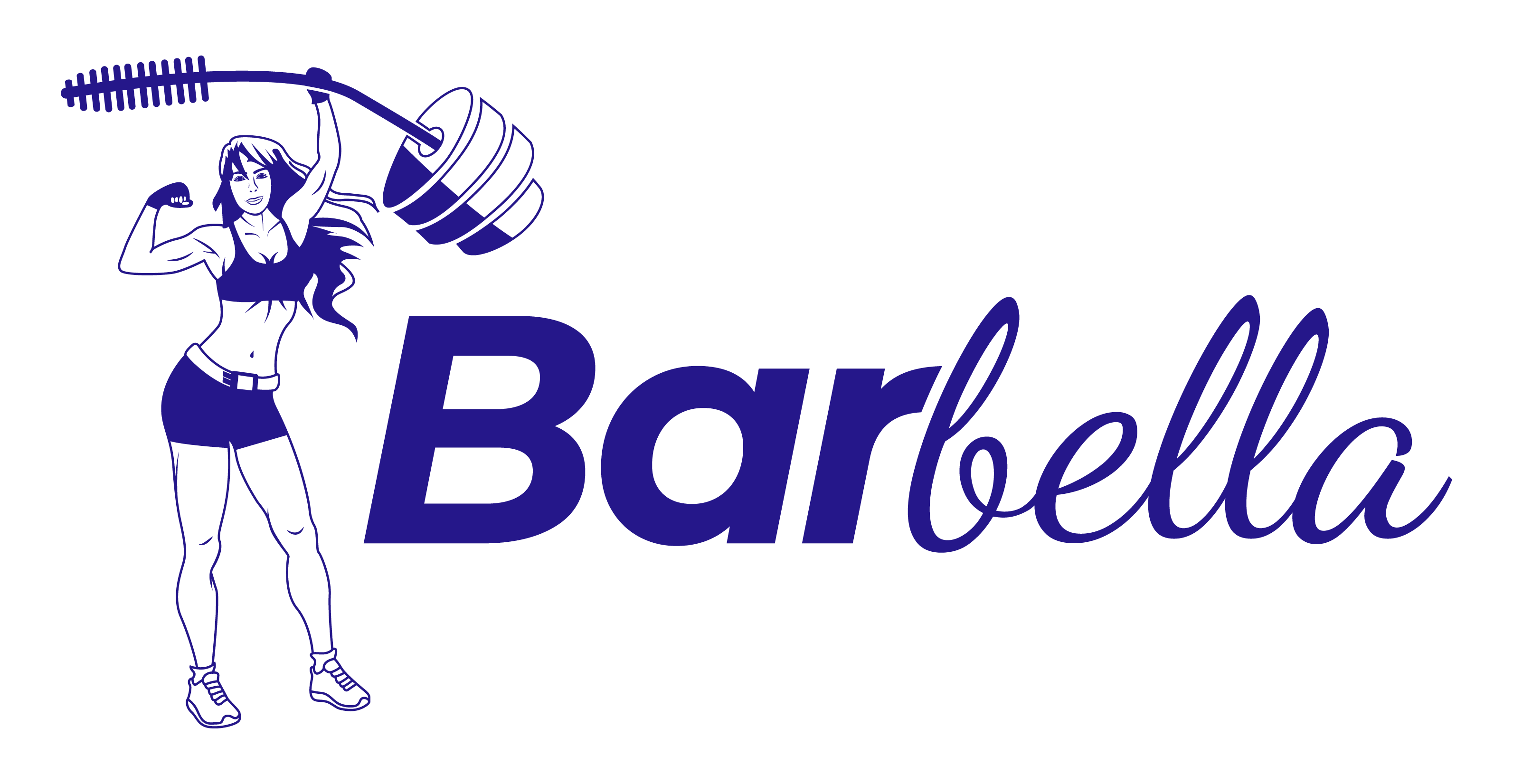 Logo of "Barbella" featuring a stylized silhouette of a woman flexing her bicep next to a large barbell. The word "Barbella" is written in a bold, flowing script on the right. The color scheme is primarily dark blue on a transparent background.